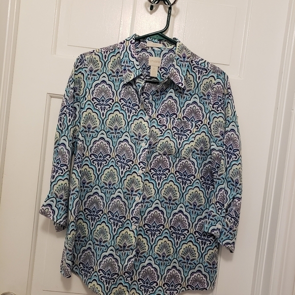 Chico's Scallop-Print Button Front No Iron Linen Shirt Size 0=8/10 Colorful - Picture 10 of 13
